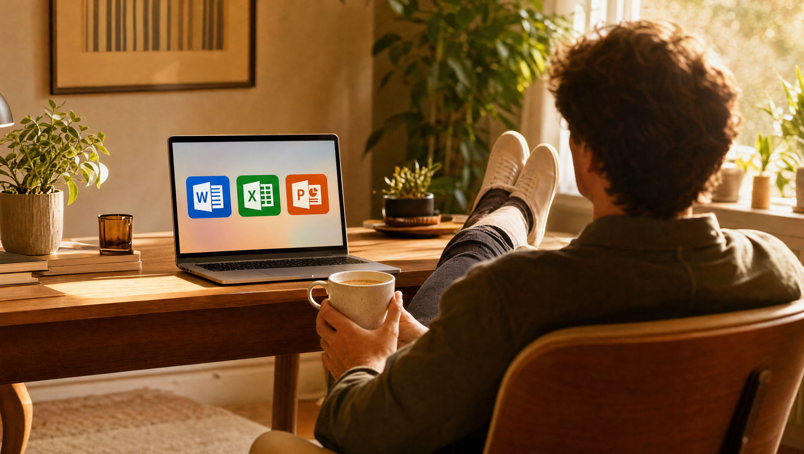 Рабочий стол у окна: на ноутбуке открыты Word, Excel и PowerPoint, человек рядом с чашкой кофе